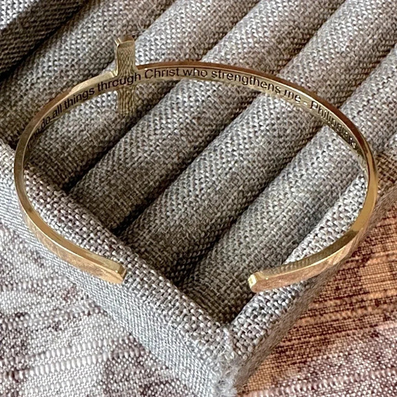 18k PVD Stainless Steel Cross Cuff Inspirational Quote Bracelet Philippians 4:13 - Picture 3 of 5
